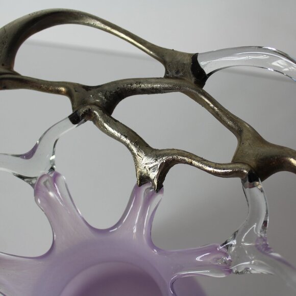 M Duca Hand Blown Mid-Century Glass Lattice Web Vase Gold Lavender Signed - Picture 8 of 16